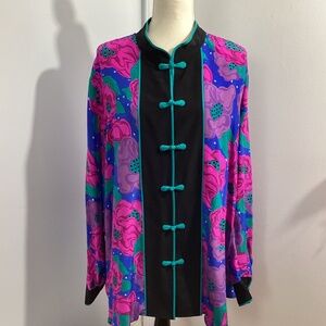 VTG 80-90 BOB MACKIE WEARABLE ART PLUS 3X 100%SILK BLOUSE FLORAL FESTIVE